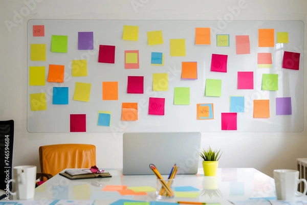 Fototapeta Office interior with many stickers on the wall, the need to perform many tasks