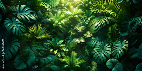 Fototapeta the richness of tropical vegetation, where dark green monstera, palm, coconut, fern, and banana leaves dominate.