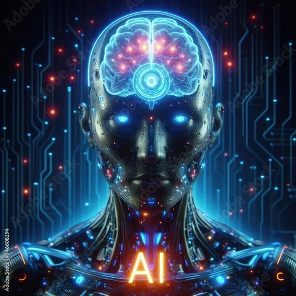 Fototapeta Neon Dreams: Cyborg in a Cyberpunk Cityscape - Sci-Fi Artwork 