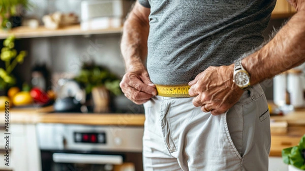 Fototapeta A man measuring his waistline as part of a weight management program