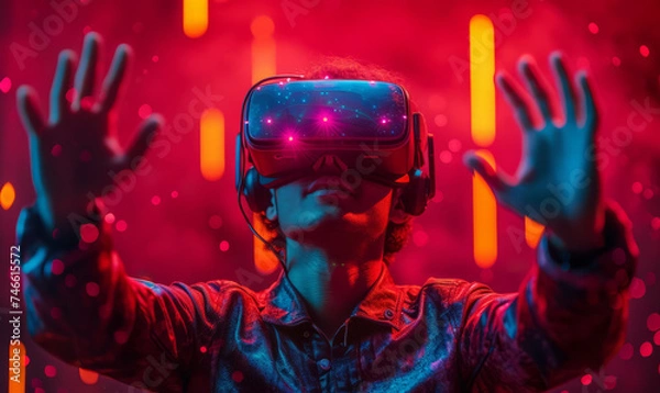 Obraz Woman experiencing virtual reality through VR headset