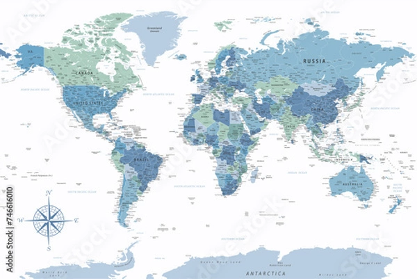 Fototapeta World Map - Highly Detailed Vector Map of the World. Ideally for the Print Posters. Blue Green White Colors