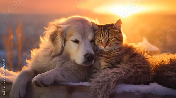 Fototapeta a peaceful morning as a dog and a cat lie together on a bed of lush green grass