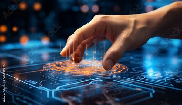 Fototapeta man hand pointing at something on his device while showing cyber, in the style of data visualization, light indigo and orange, precision engineering, fluid networks, generative ai