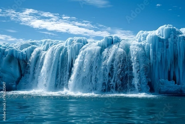 Obraz Majestic Frozen Waterfall Cascading into Glacial Lake with Intense Blue Ice Formations