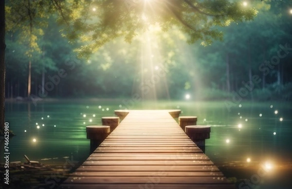 Fototapeta Wooden pier in a quiet forest by the lake