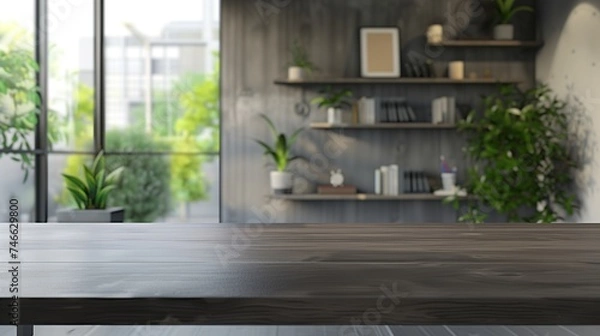 Obraz Empty mahogany desk with blurred office background - excellent for product presentation