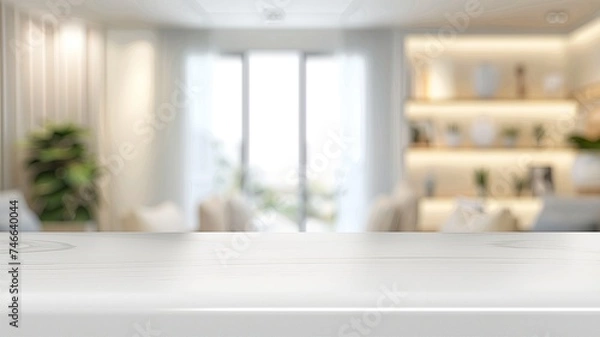 Fototapeta Empty white table with blurred living room background - excellent for product presentation