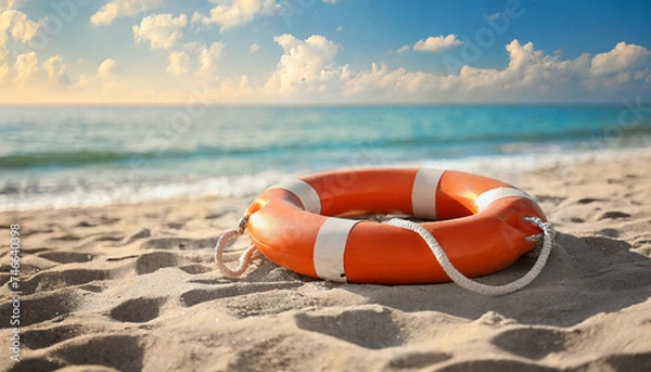 Fototapeta Lifebuoy on sandy beach symbolizes help and support in life's challenge