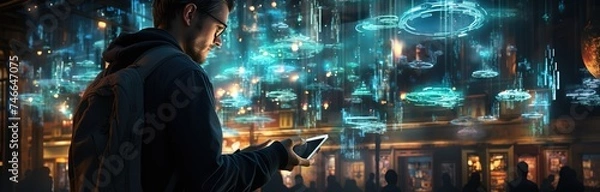 Fototapeta a man with a tablet looking at some futuristic icons, in the style of light turquoise and dark indigo, soft edges and blurred details, circuitry, miscellaneous academia, shaped canvas, intertwined net