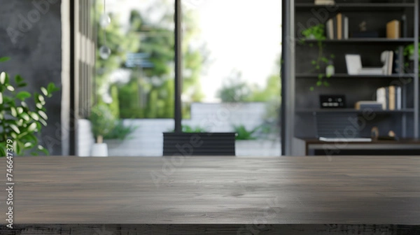 Obraz Empty dark grey desk  with blurred office  background - excellent for product presentation