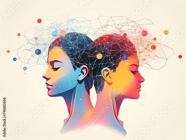 Fototapeta Brain Wave Connection, Two heads with differing brain waves illustrated
