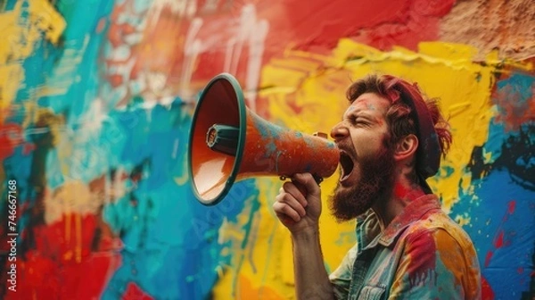 Obraz A man holding a megaphone standing in front of a colorful wall. Ideal for advertising or activism concepts