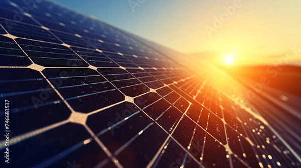 Fototapeta A close-up of a solar panel bathed in the warm hues of a sunset, highlighting the potential of solar energy as a clean and renewable energy source.