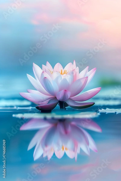 Fototapeta A pristine lotus flower emerges with elegance above the calm water surface, its petals glistening with droplets in the tranquil embrace of a misty morning