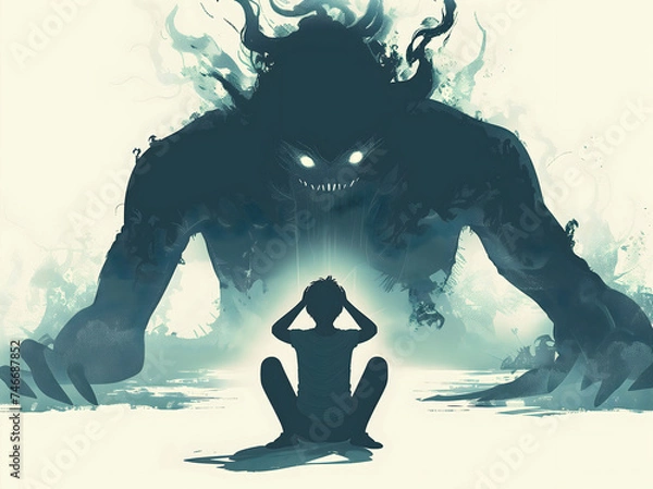Obraz A bold illustration showing a person standing resolute in front of a towering, monstrous shadow, epitomizing the confrontation with one's inner fears