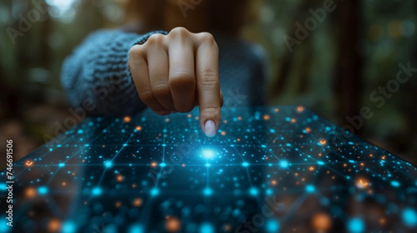 Obraz AR Harmony Close-Up View of Finger Touch on Virtual Screen with Holograms