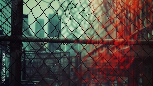 Obraz Realistic outdoor color photograph of a cityscape seen through a chain link fence, grey cloudy skies, bokeh. From the series “Arcs Circles Grids."