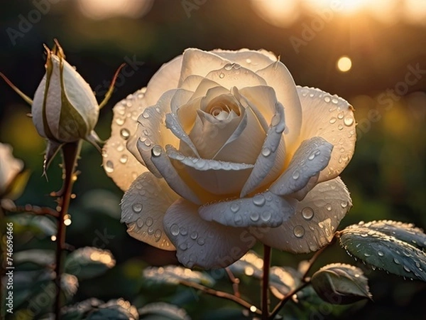 Obraz White rose with raindrops