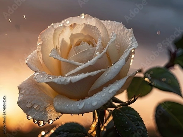 Obraz White rose with raindrops