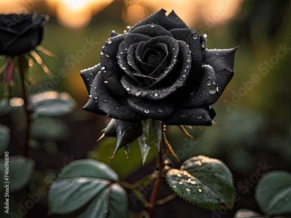 Obraz Black rose with raindrops