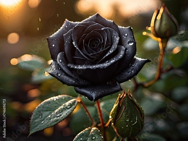Obraz Black rose with raindrops