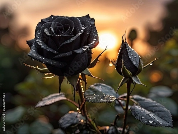 Obraz Black rose with raindrops