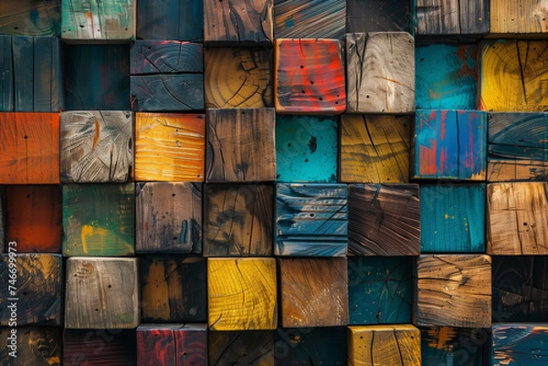 Obraz Wood aged art architecture texture abstract block stack on the wall for background, Abstract colorful wood texture for backdrop