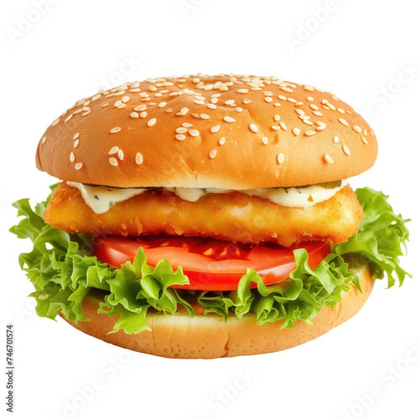 Fototapeta Fried fish burger isolated on white or transparent background. Burger close-up, side view. Design element for insertion into a fast food banner.