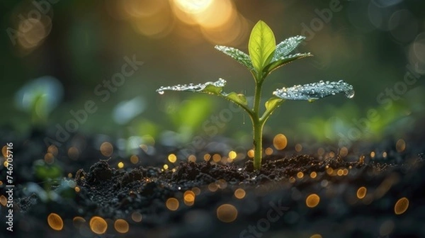 Fototapeta Idea seed sprouting in digital soil fosters cross-blur sustainable technology growth of new concepts.