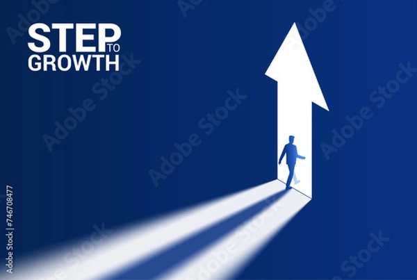 Obraz Step to Growth Business concept illustration. Businessman silhouette passes through the arrow up form open door. Success path, goal way, lieder man right choice. Freedom, bright solution, opportunity