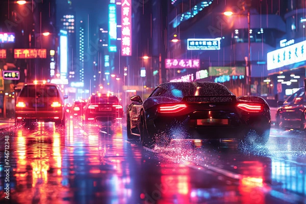 Obraz Hongkong-Stadt mit vielen Fahrzeugen im Cyber-Look bei Nacht