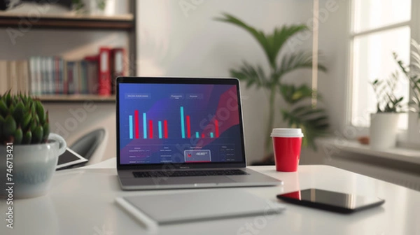 Fototapeta A laptop displaying charts and graphs on a wooden desk with a red coffee mug, smartphone, tablet, and pen, symbolizing a professional work environment.
