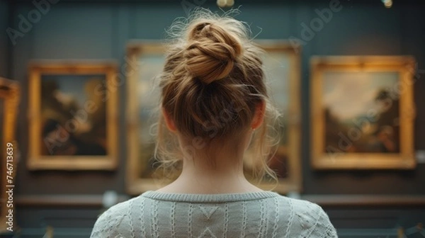 Fototapeta Art Gallery Contemplation, woman with an elegant bun gazes at classical paintings in an art gallery, evoking a sense of culture and introspection