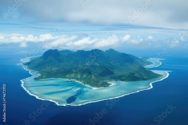 Fototapeta Aerial view of a mountainous tropical island with surrounding coral reef.