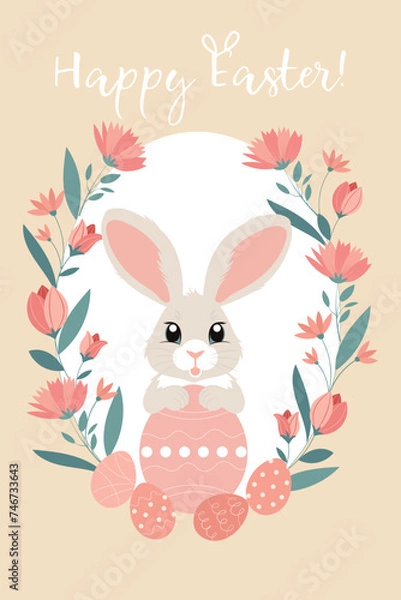 Obraz Cute greeting card with cartoon bunny. Trendy Easter design with lettering, bunny, spring flowers, eggs, bunny ears, in pastel colors. Hand drawn vector illustration.