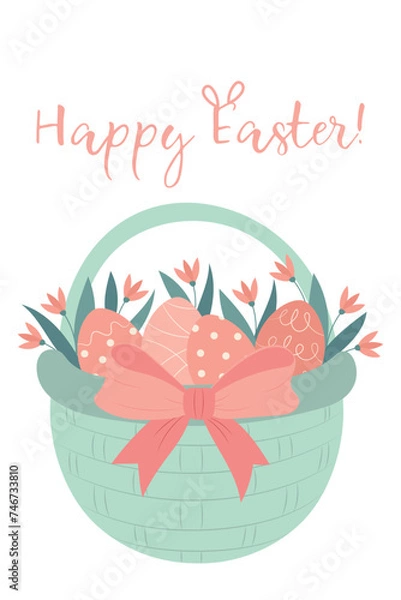 Obraz Cute greeting card with festive Easter basket with a set of painted colorful eggs and spring flowers. Christian holiday. Trendy Easter design with lettering in pastel colors. Hand drawn illustration.