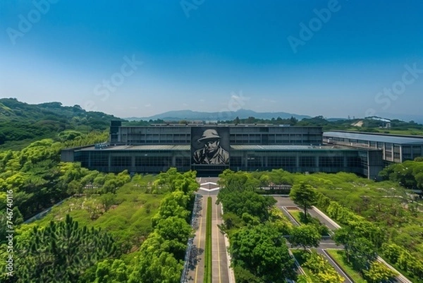 Fototapeta An aerial view of a sprawling factory complex, surrounded by lush greenery, under the clear blue sky of International Labour Day.