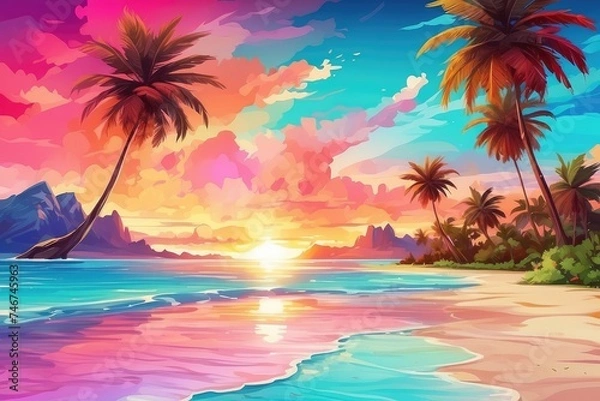 Fototapeta A vibrant summer background with a colorful sunset over a tropical beach, complete with palm trees and crystal clear water