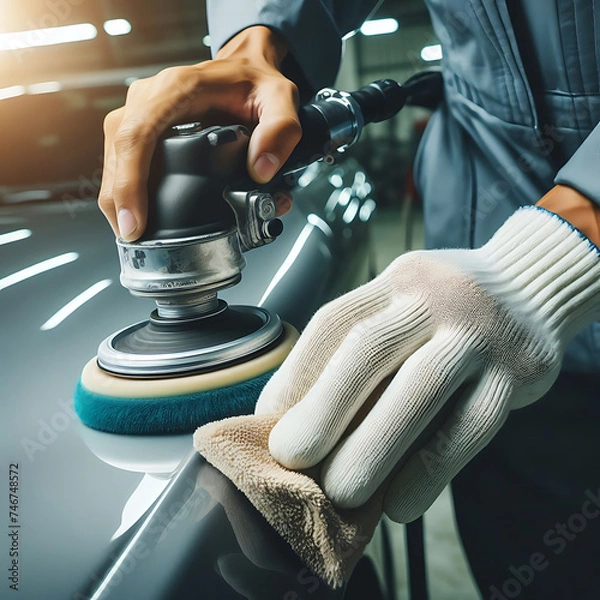 Fototapeta Close-up hand male mechanic wearing suit for working in garage for safety in risky work, mechanic standing using polishing machine scrub surface car that comes garage make new color.
