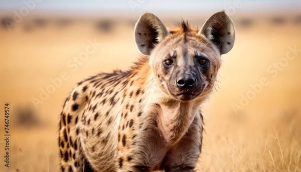 Fototapeta a close up of a hyena in a field of dry grass with a blue sky in the background.