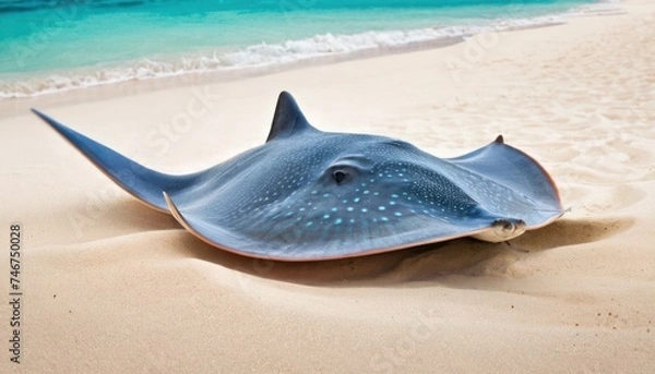 Fototapeta a close up of a stingfish on a beach with a body of water and a beach in the background.