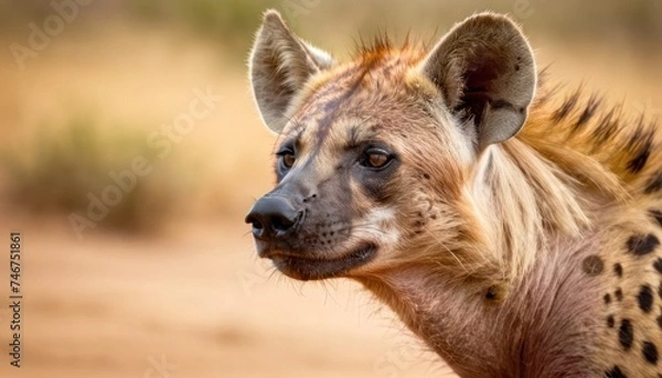 Fototapeta a close up of a hyena's face with a dirt ground in the background and bushes in the foreground.