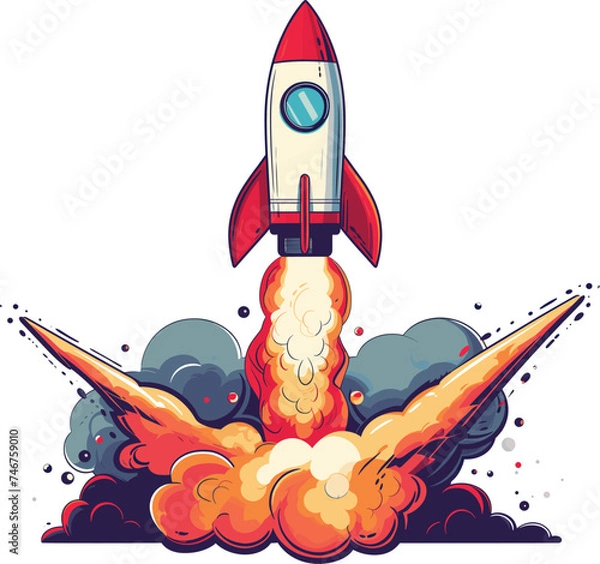 Fototapeta Colorful rocket launching flames smoke. Space exploration startup concept vector illustration