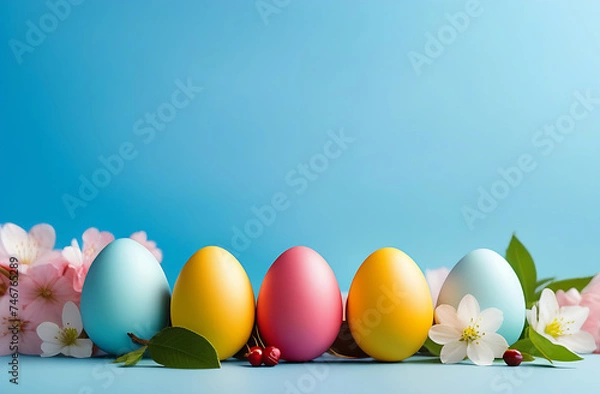 Obraz Colored decorated eggs on a blue background. Easter concept, a postcard with free space to copy