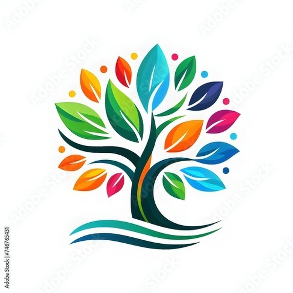 Fototapeta Colorful abstract tree logo design with 7 multi-colored leaves.