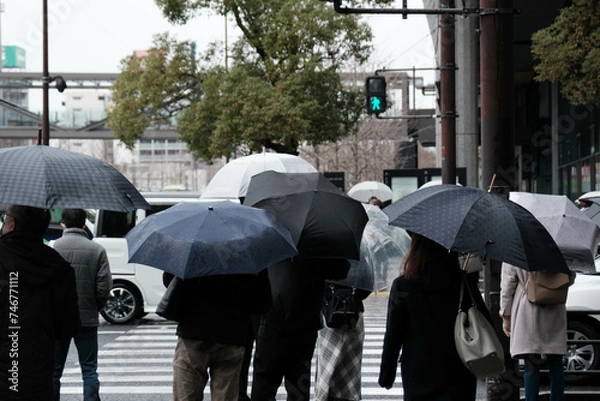 Obraz 雨降りの日横断歩道で信号待ちする人々。冬の日大阪梅田駅前で撮影。