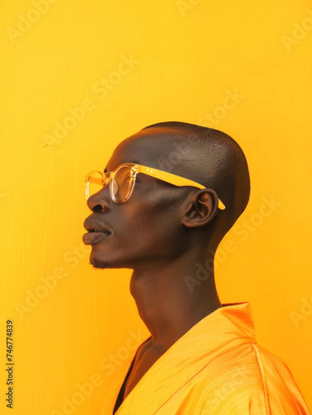 Fototapeta Orange contrast portrait of a striking man with a dark skin color, an African-American man on a bright orange background. Alternative hippie man with eccentric sunglasses.