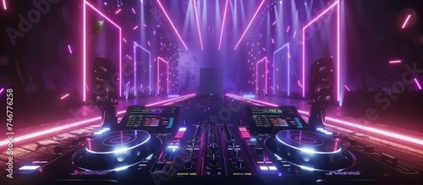 Fototapeta Group happy people in DJ night club party with projector neon illumination effect. AI generated