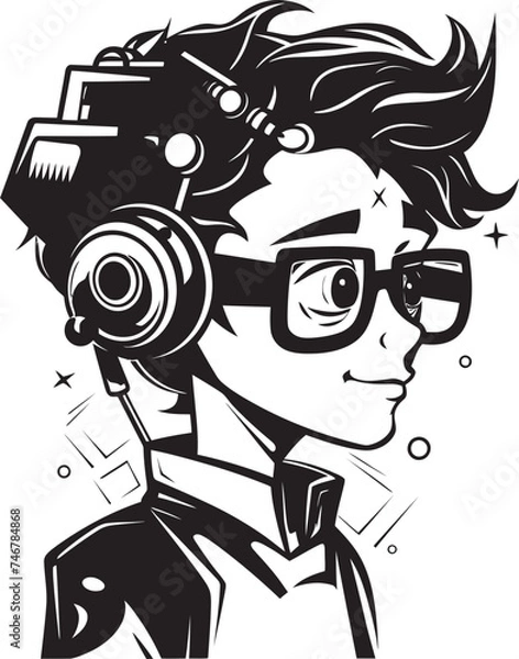 Fototapeta Virtual Engineer Whiz Cyber Tech Kid Icon in Black Logo Design Tech Innovator Junior Inventor Engineer Cyber Logo Graphic in Vector Black